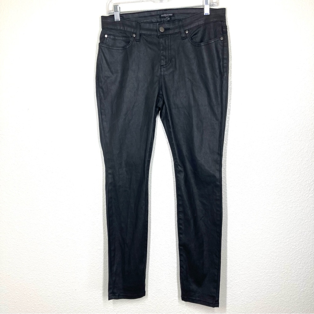 Eileen Fisher Waxed Black Jeans 10P Organic Cotton Coated Stretch Rock - Picture 3 of 16